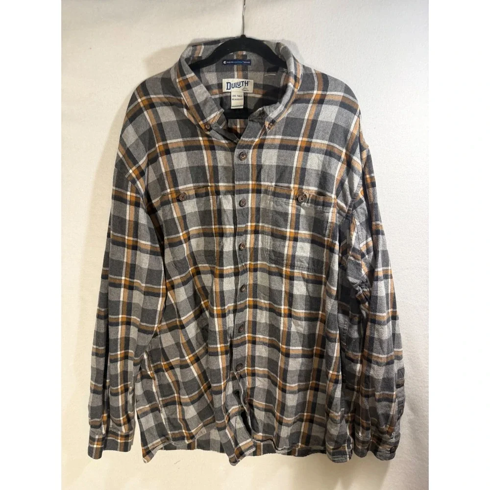 Duluth Trading Co Plaid Flannel Shirt Mens 2XL Tall Relaxed Fit MagnaReady Grey